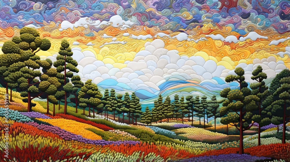 a painting of a colorful landscape with trees and clouds in the background. generative ai a painting of a colorful landscape with trees and clouds in the background. generative ai