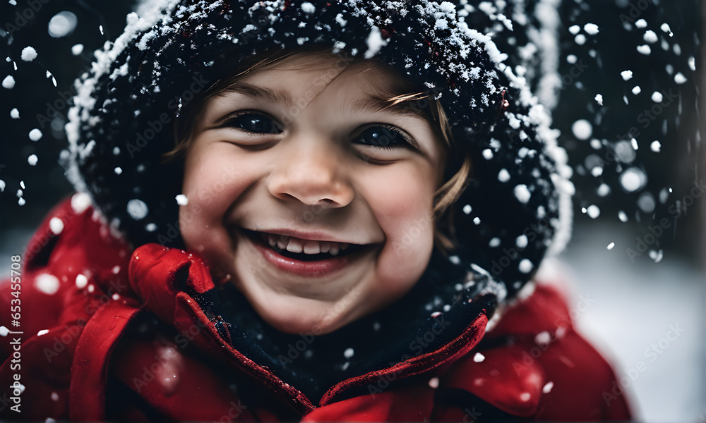 Merry Christmas smiling child playing in Christmas snow Merry Christmas smiling child playing in Christmas snow