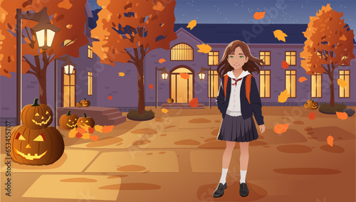A schoolgirl stands against a school surrounded by pumpkins. Preparing for Halloween