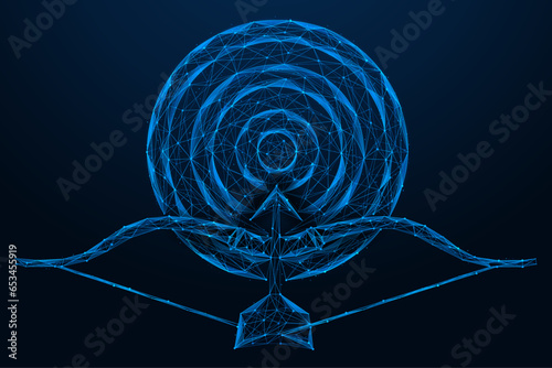 An arrow in the bow aimed at the center of the target. Polygonal design of lines and dots. Blue background.