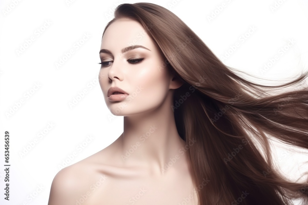 Fototapeta premium Beautiful long hair. Beauty with luxurious straight brown hair. Beautiful model on a white background.Generative AI