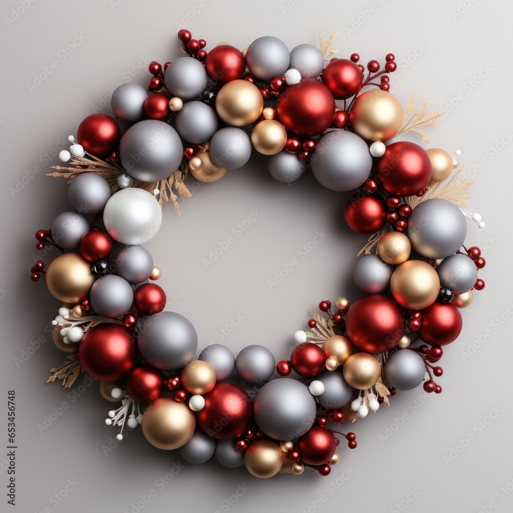 A christmas wreath with red, silver and gold ornaments. AI image. A christmas wreath with red, silver and gold ornaments. AI image.