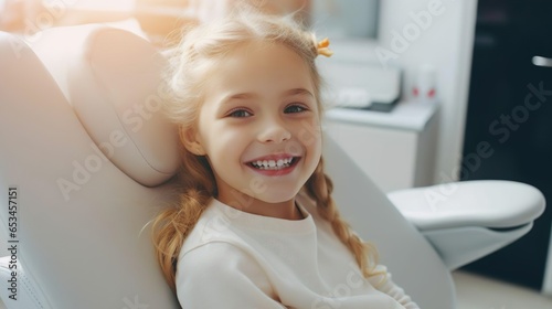 Smiling happy little kid child girl with blond curly hair patient came to treat her teeth to a modern dentist office. Medicine dental clinic. Health care treatment. No fear.