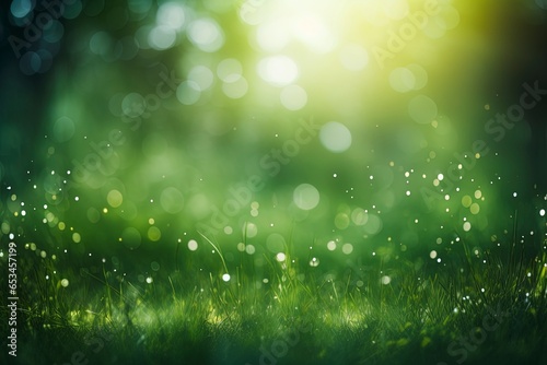 Out of focus green grass with drops of dew background with bokeh and light leak.