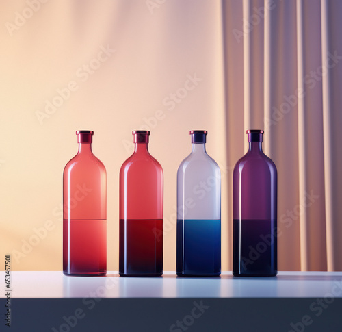 Collection of four big multi color glass bottles on a elegant background. Generative AI, multicolor glass bottle still life. Four bottles,orange bottle, red bottle blue bottle and purple bottle. 