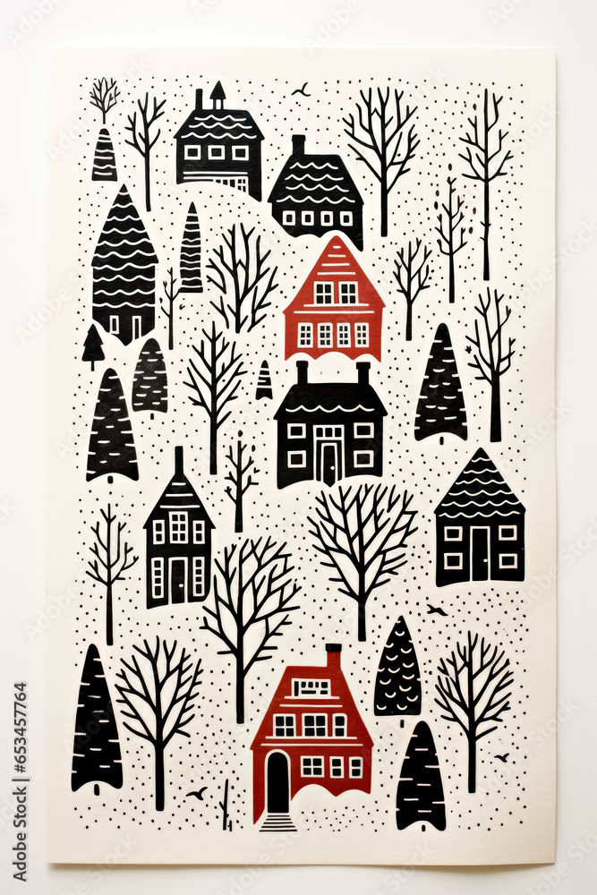 A black and white drawing of houses and trees. Imaginary Christmas, winter illustration.