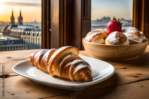 Café da manhã com croissants frescos e morango na mesa de madeira.