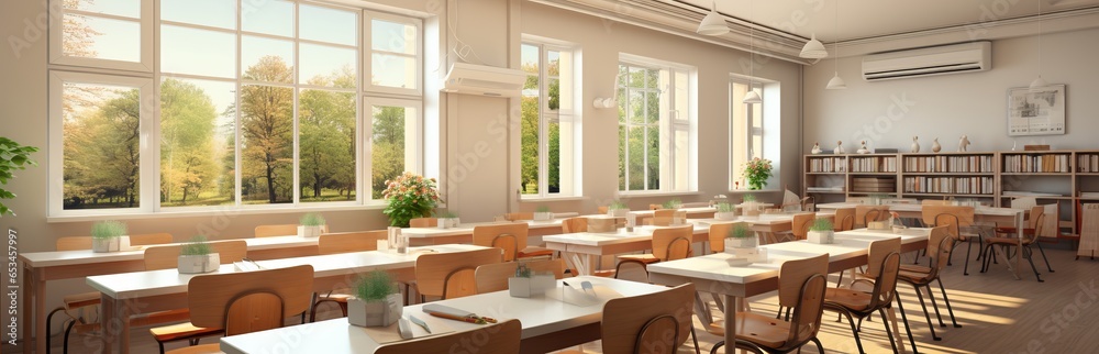 Fototapeta premium Classroom, space for learning and tutoring, school or university auditorium, concept: acquiring knowledge in an institution