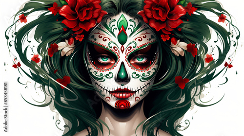 Mexican mask. Vector illustration of a young woman with sugar skull. Halloween Vector face Costume. Mexico Colors (ID: 653458181)