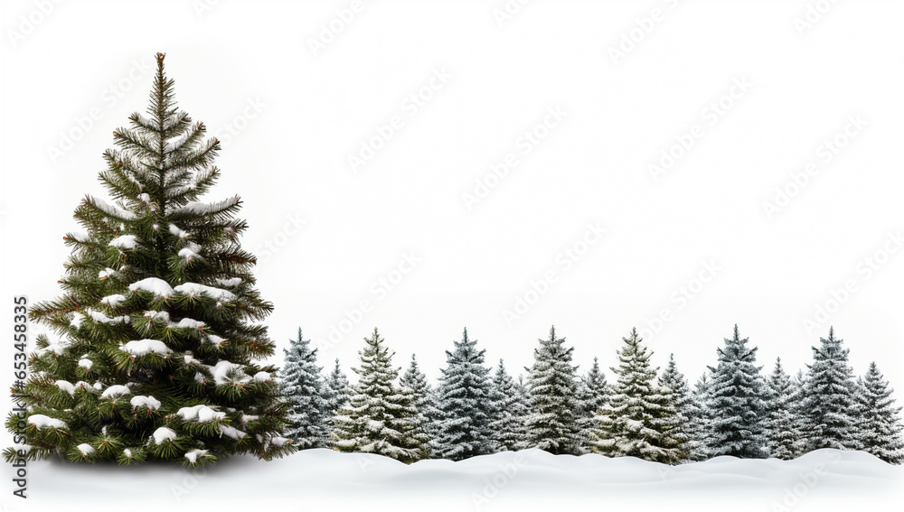 Christmas pine branch with snow, on white background with free space for text. AI generated