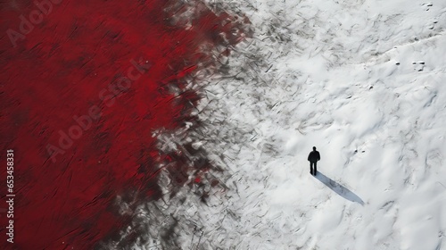  a lone figure standing in the snow near a red wall.  generative ai