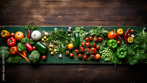 Assorted vegetables on a wooden background, seen from above. AI generated
