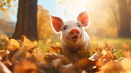 Happy little pig looks at the camera while sitting in a meadow with yellow leaves on a sunny autumn day. Copy space. Natural animal husbandry concept.