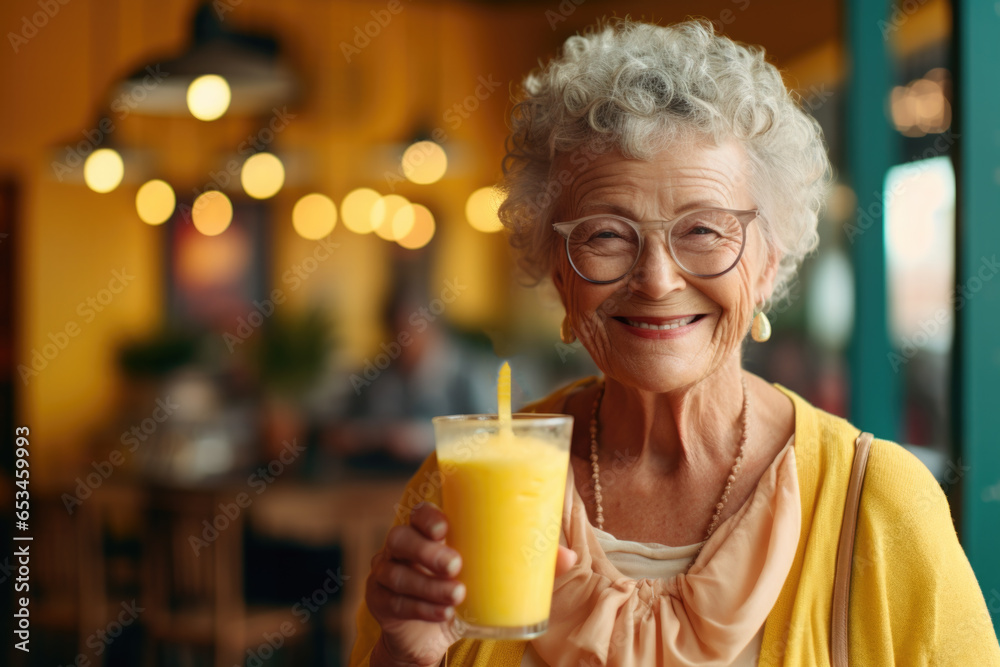 Portrait of happy senior woman drinking fresh orange juice in cafe. Portrait of happy senior woman drinking fresh orange juice in cafe.