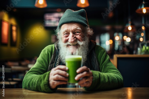 Funny senior man wearing green sitting in cafe and drinking juice or smoothie.