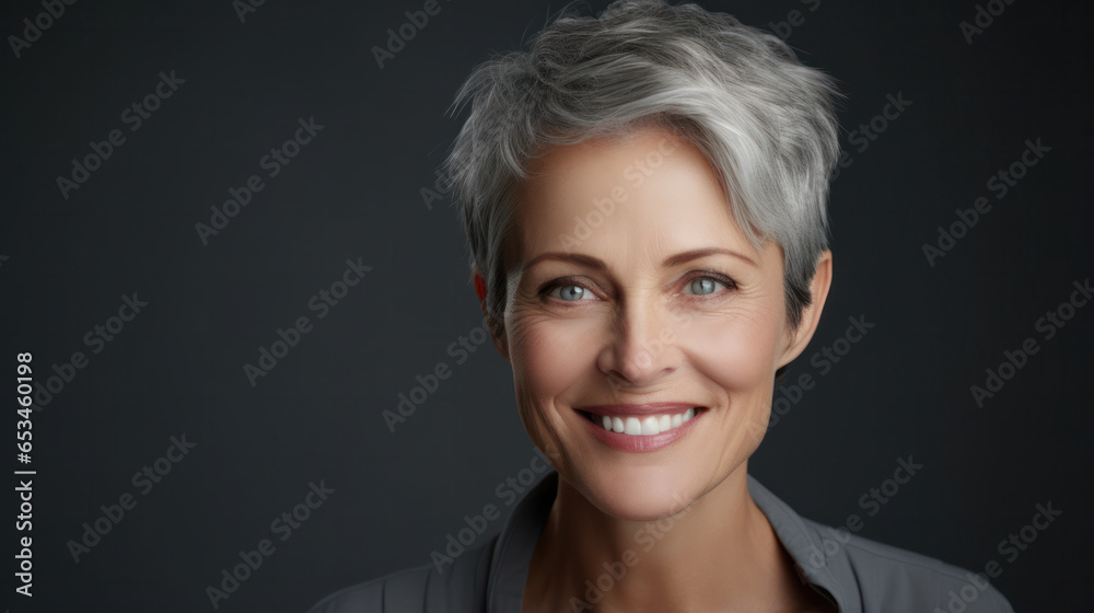 Psychological Strength: A Joyful Man in His 50s and a Confident Middle-Aged Woman with a Gray Hairdo on a Gray Background.. Psychological Strength: A Joyful Man in His 50s and a Confident Middle-Aged Woman with a Gray Hairdo on a Gray Background..