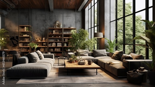 Luxurious black living room interior, leather sofa and armchair, large windows and garden view