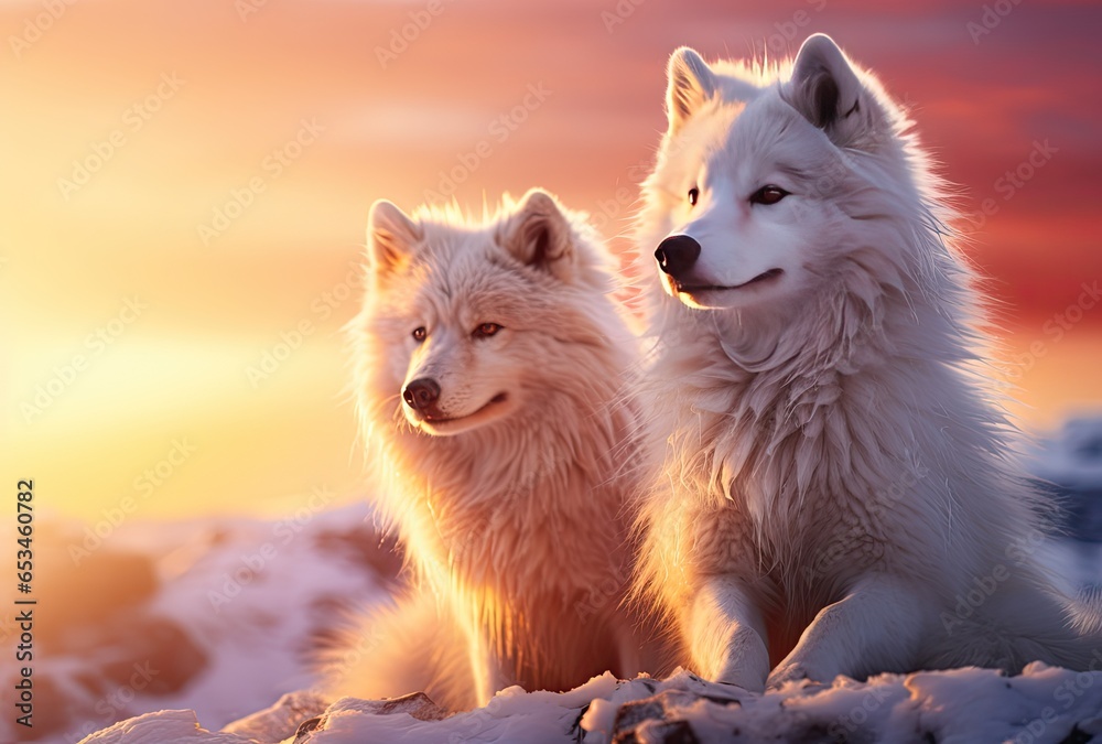 Para białych wilków o zachodzie słońca - obrazy, fototapety, plakaty 