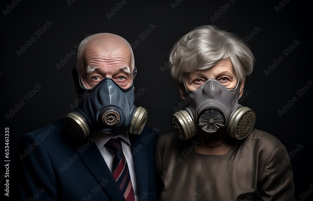 two elderly people woman, man in a respirator mask two elderly people woman, man in a respirator mask