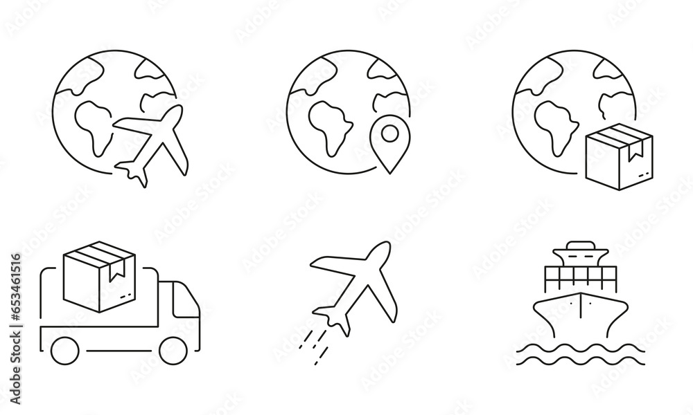 Shipping Transport Line Icon Set. Plane, Truck, Ship For International Delivery Service Linear Pictogram. Cargo Shipment Symbol. Global Export Sign. Editable Stroke. Isolated Vector Illustration Shipping Transport Line Icon Set. Plane, Truck, Ship For International Delivery Service Linear Pictogram. Cargo Shipment Symbol. Global Export Sign. Editable Stroke. Isolated Vector Illustration