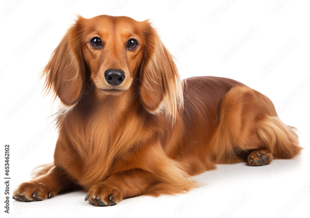 Long haired dachshund dog isolated on white background. Generative AI image illustration. Beautiful animals concept