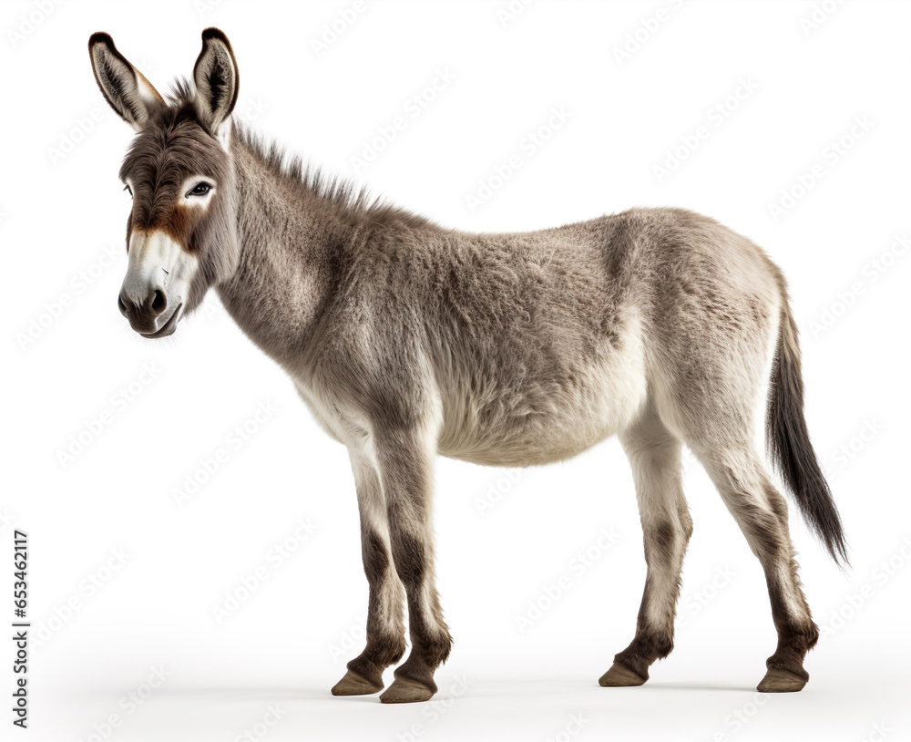 © Uros Petrovic - Beautiful donkey is standing isolated on white background. Generative AI image illustration. Beautiful animals concept