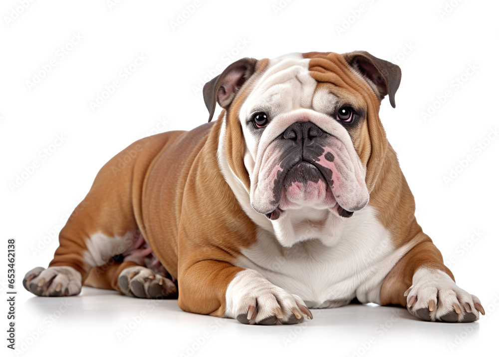 English bulldog dog isolated on white background. Generative AI image illustration. Beautiful animals concept English bulldog dog isolated on white background. Generative AI image illustration. Beautiful animals concept