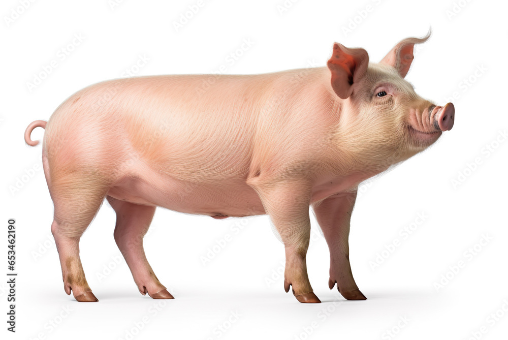 Beautiful pig is standing isolated on white background. Generative AI image illustration. Beautiful farm animals concept Beautiful pig is standing isolated on white background. Generative AI image illustration. Beautiful farm animals concept