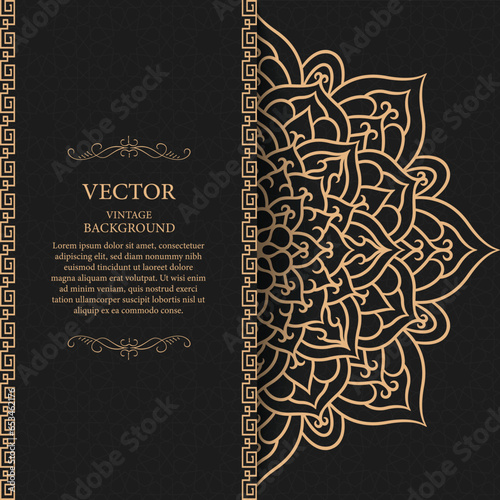 Golden vintage greeting card. Elegant, classic, floral pattern. Luxury ornament template. Great for invitation, flyer, menu, brochure, postcard, background, wallpaper, decoration, or any desired idea.