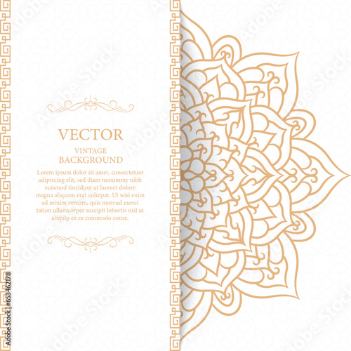 Golden vintage greeting card on a white background. Luxury ornament template. Great for invitation, flyer, menu, brochure, postcard, background, wallpaper, decoration, or any desired idea.