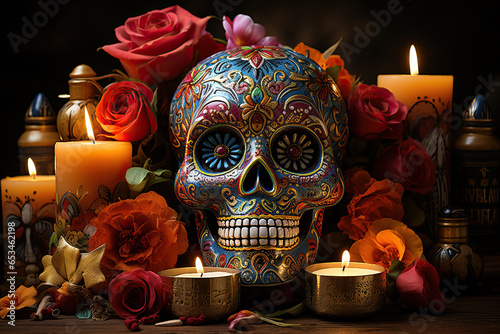Colorful ornate painted sugar skull with flowers and candles for the celebration of Dia de los Muertos or day of the dead