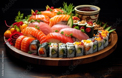 sushi platter with various types of sushi on a wooden plate	
