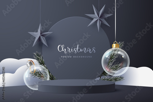 Christmas podium display with winter holiday decorations - Moravian stars, glass balls, decorative snowdrifts. New Year background. Mockup for product presentation, marketing, ad. Vector illustration.