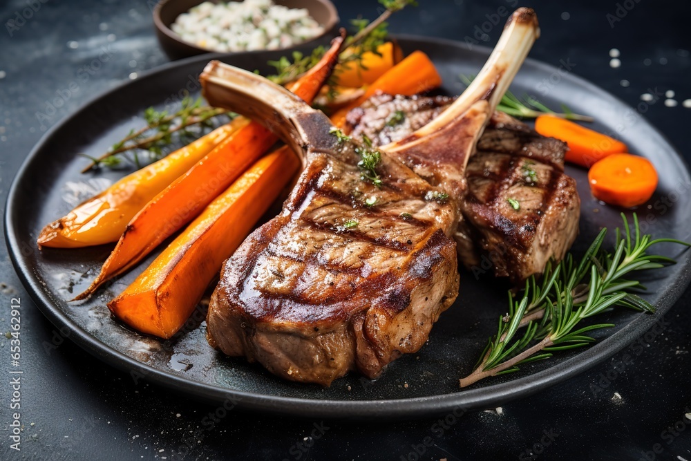 lamb chops with tomatoes and rosemary on a wooden cutting board	