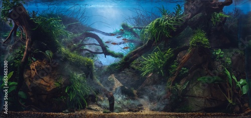Beautiful tropical aquarium. Jungle style aquascape with live plants. Frodo stones and redmoor driftwoods covered by java moss and a school of rasbora espei fish. Mystical underwater fog.