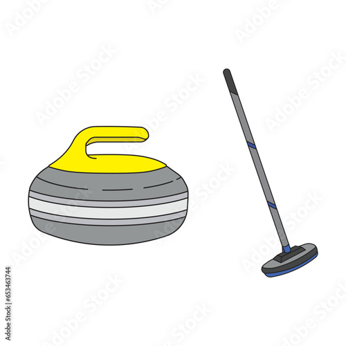 Cartoon Vector illustration curling sport, rock, and broom icon Isolated on White Background