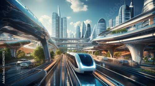 an enticing image of AI-powered autonomous vehicles navigating a futuristic cityscape  exemplifying the sophistication of Artificial Intelligence