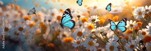 Fototapeta Motyle latające na łące pośród pięknych wiosennych kwiatów widok panoramiczny. 