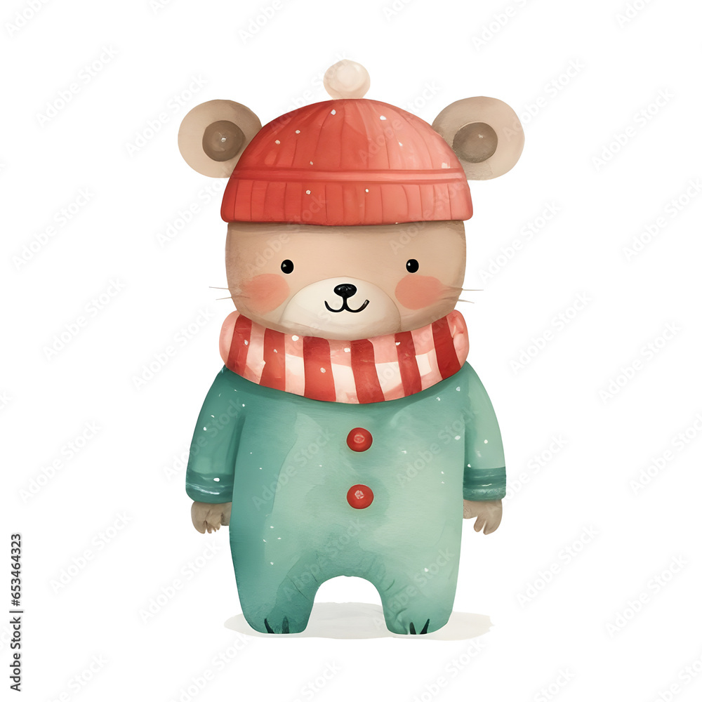 Watercolor Christmas cozy mouse in scarf and green outfit isolated on white background, cute character, winter season, holiday Watercolor Christmas cozy mouse in scarf and green outfit isolated on white background, cute character, winter season, holiday