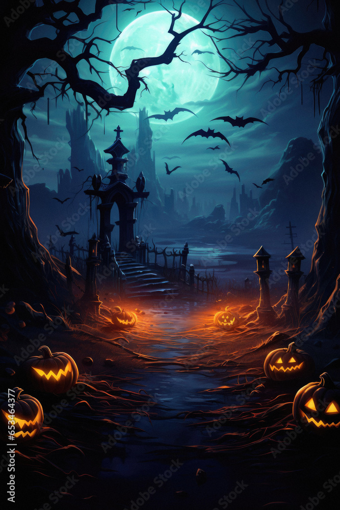 Halloween spooky background, scary jack o lantern pumpkins in creepy dark forest with bats, spooky trees, moon and old house Happy Haloween ghosts horror gothic mysterious night moonlight backdrop.