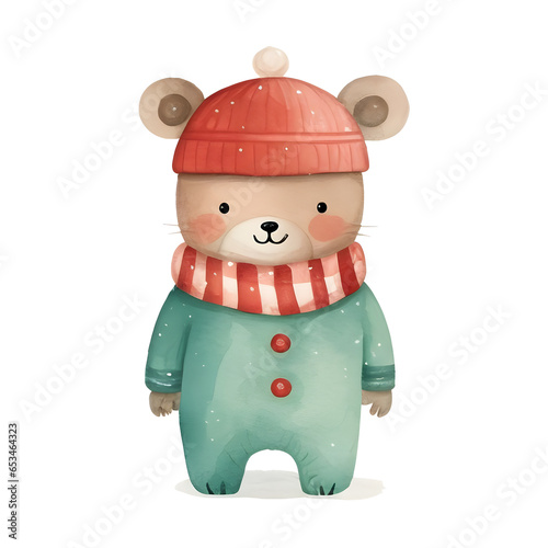 Watercolor Christmas cozy mouse in scarf and green outfit isolated on white background, cute character, winter season, holiday © Studio Murmur
