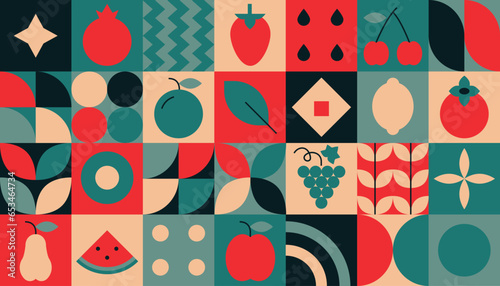 Geometric food. Natural organic plant fruit shape eco agriculture concept. Vector illustration. Modern geometric background. Set of icons in flat minimalist style. Bauhaus. Seamless pattern