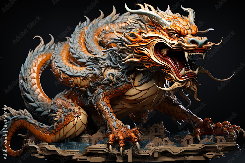 Chinese dragon, in the style of detailed multi-layered compositions, fantastic character colorful wood carvings, intricate floral arrangements, close-up, colorful bright background. ai generative art