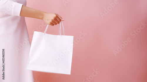 Close-up of female hand holding blank white shopping paper bag. Mockup template for branding bag isolated on flat pink background with copy space.