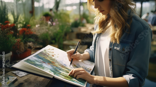 Woman drawing a sketchbook picture in the summer outside. Creative hobby, drawing for adults from nature. 