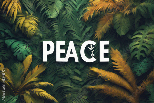 message saying Peace with jungle theme on abstract background, world leaders harmony, environmental concept, generative AI 