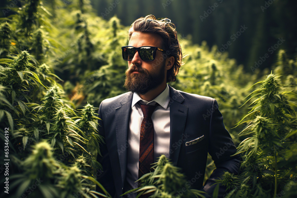 businessman man in plantation field with marijuana cannabis bushes businessman man in plantation field with marijuana cannabis bushes