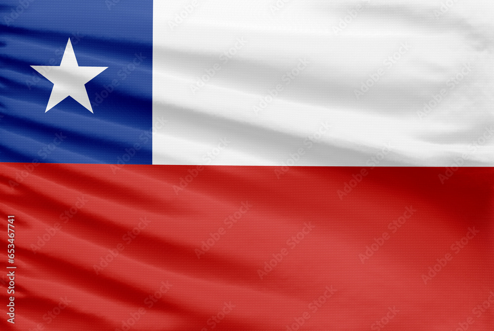 Chile flag is depicted on a sport stitch cloth fabric with folds. Chile flag is depicted on a sport stitch cloth fabric with folds.