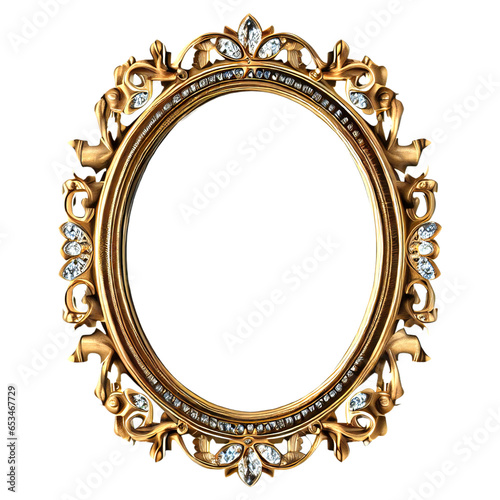 Antique stylish round oval golden and diamonds, picture mirror frame on white, transparent background