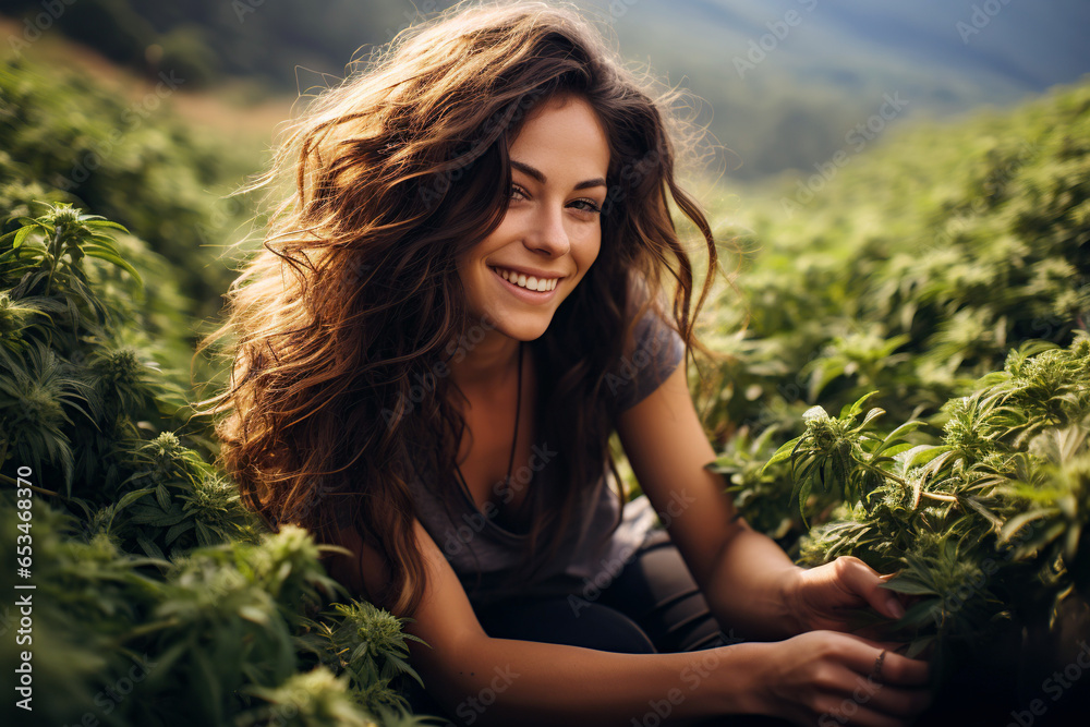 happy white girl smiles on farm field plantation with marijuana cannabis bushes - obrazy, fototapety, plakaty 